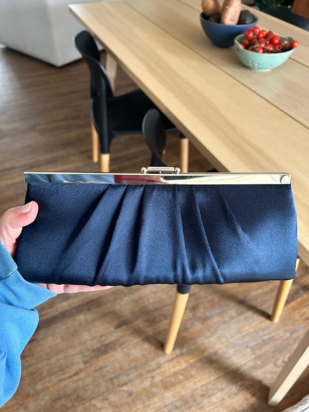 Navy Blue Satin Clutch w Silver Trim (Jessica McClintock)